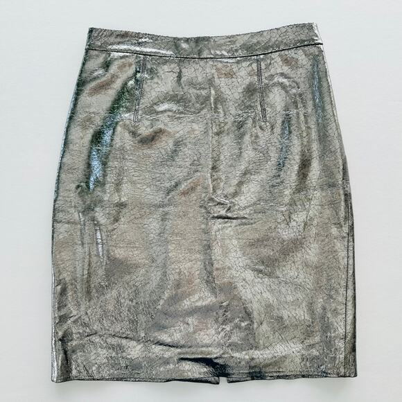 Milly Silver Midi Leather Skirt Size 4 Crinkle Print Knee Length Pencil Business - Picture 1 of 7